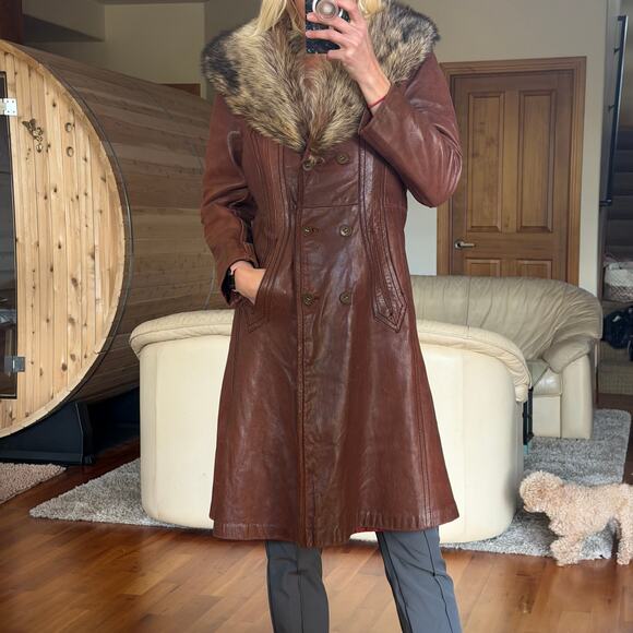 Penny Lane Coat genuine lamb leather and real fur collar long jacket vintage 70s - Picture 14 of 15
